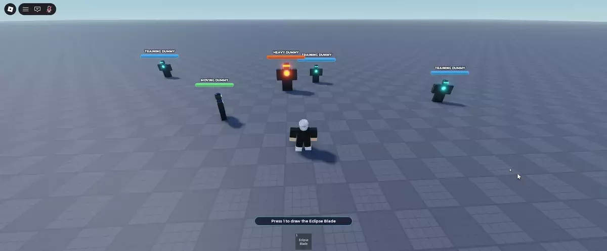 A Roblox Studio playtest of the Eclipse Blade: the player draws the sword, dashes, lands a hit combo on training dummies, and uses the Crescent and Eclipse attacks, with ability cooldowns in the hotbar.